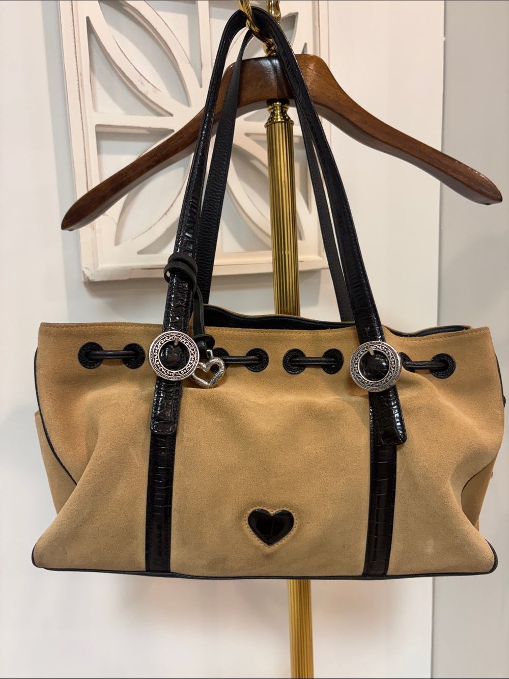 Suede Heart Accent Tote Bag with Black Trim - Women